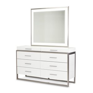 michael amini marquee 8-drawer wood and glass dresser w/ mirror in cloud white