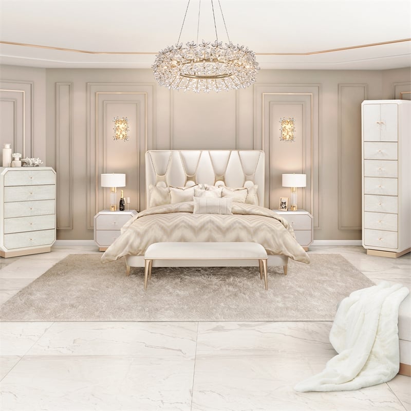 Michael Amini La Rachelle Queen Panel Bed - Champagne Ivory/Chardonnay