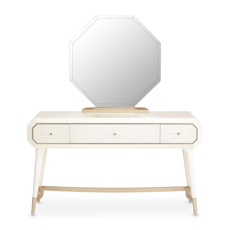 Michael Amini La Rachelle Vanity with Mirror and Chair Set in Champagne Ivory