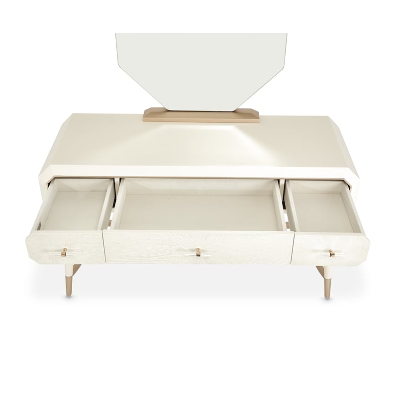 Michael Amini La Rachelle Vanity with Mirror and Chair Set in Champagne Ivory