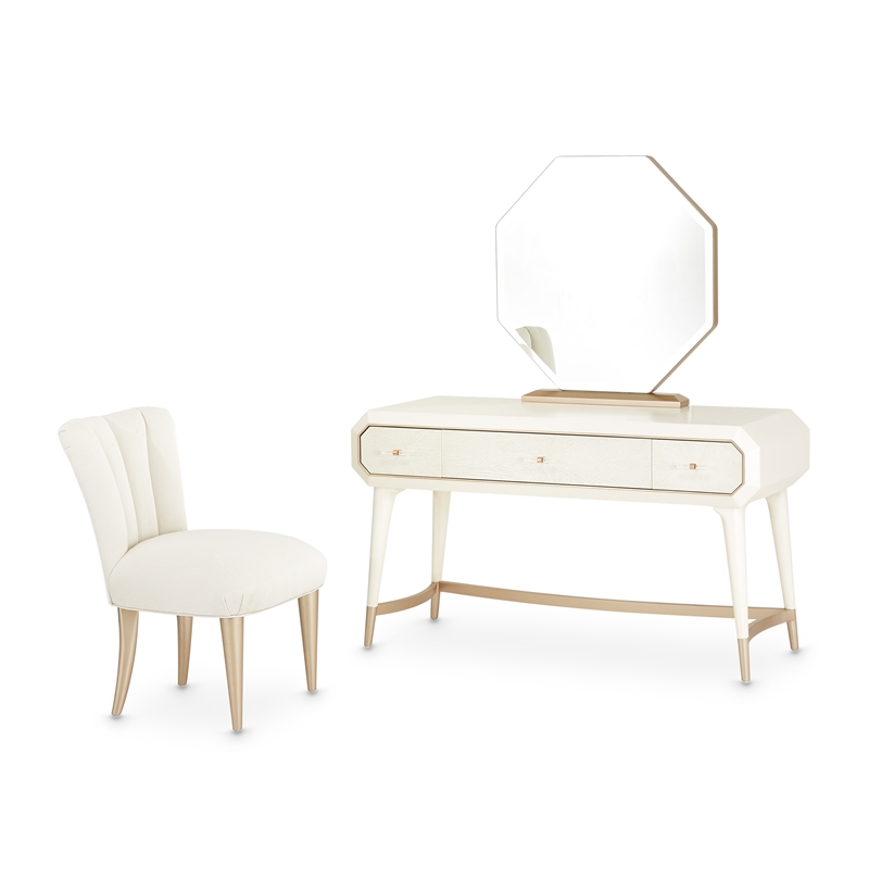 Michael Amini La Rachelle Vanity with Mirror and Chair Set in Champagne Ivory