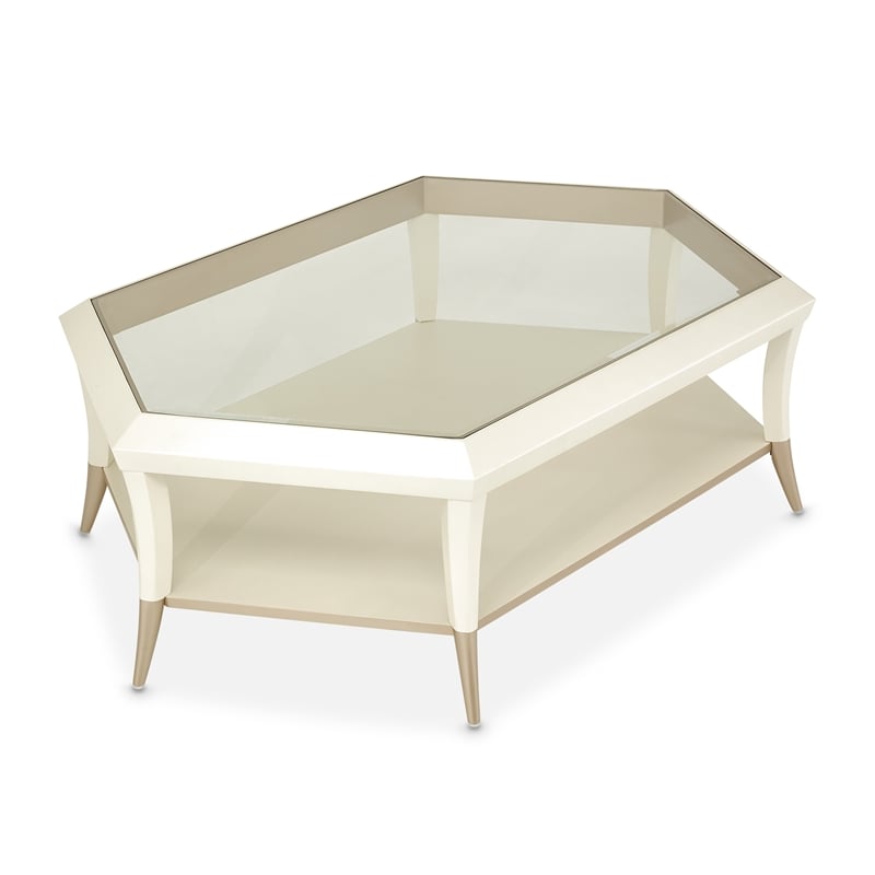 Michael Amini La Rachelle Hexagon Glass Cocktail Table in Champagne Ivory