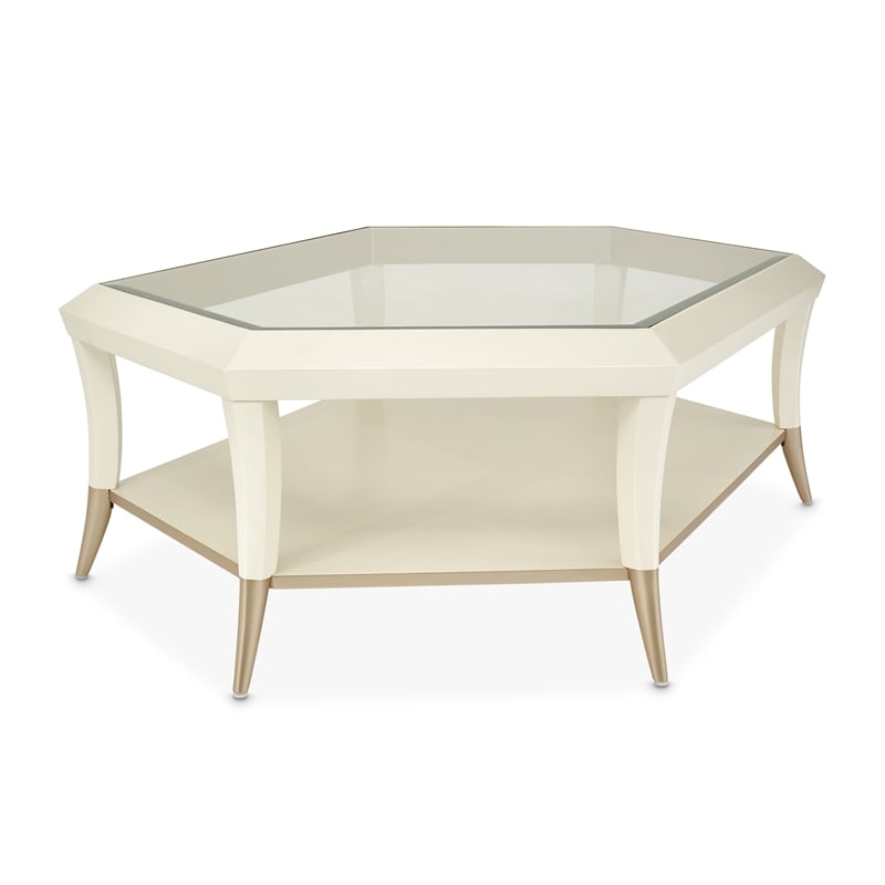 Michael Amini La Rachelle Hexagon Glass Cocktail Table in Champagne Ivory