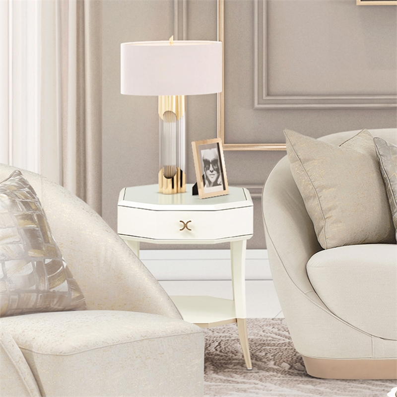 Michael Amini La Rachelle Octagonal End Table with Glass Top - Champagne Ivory