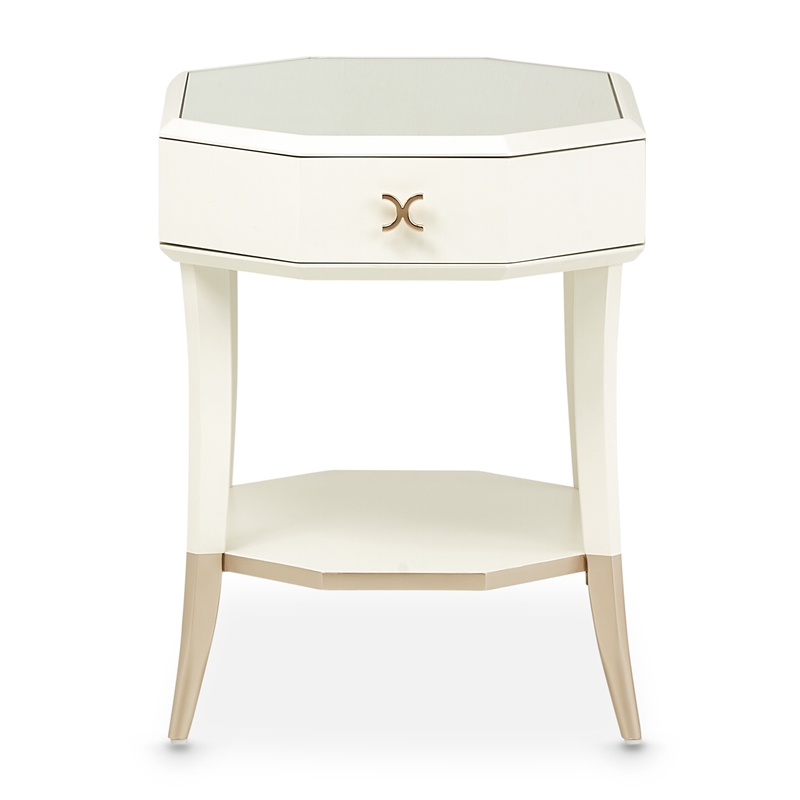 Michael Amini La Rachelle Octagonal End Table with Glass Top - Champagne Ivory