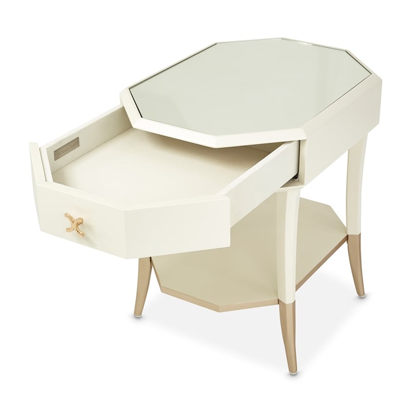 Michael Amini La Rachelle Octagonal End Table with Glass Top - Champagne Ivory