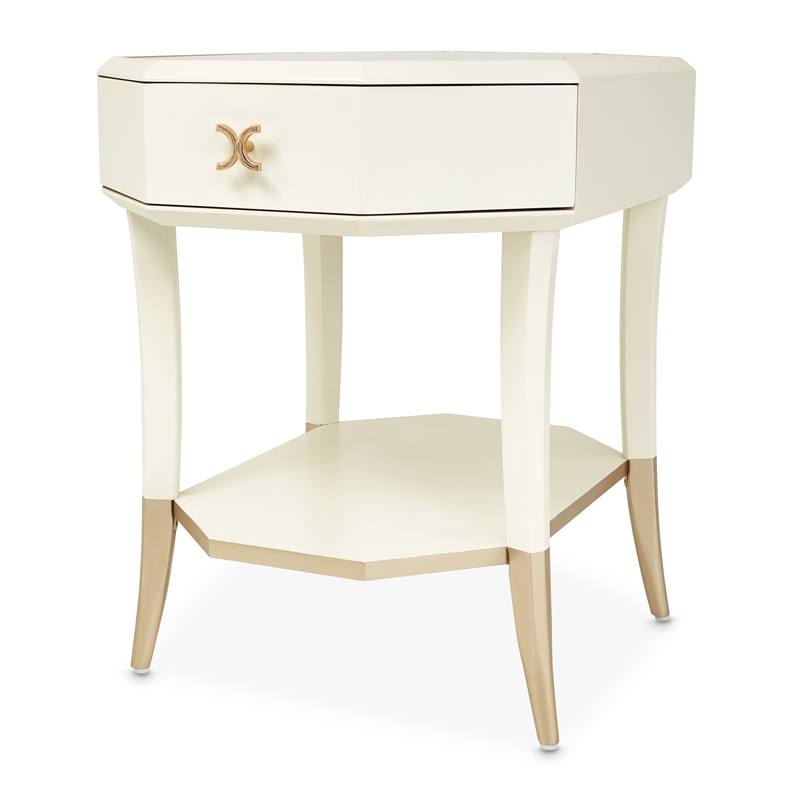 Michael Amini La Rachelle Octagonal End Table with Glass Top - Champagne Ivory