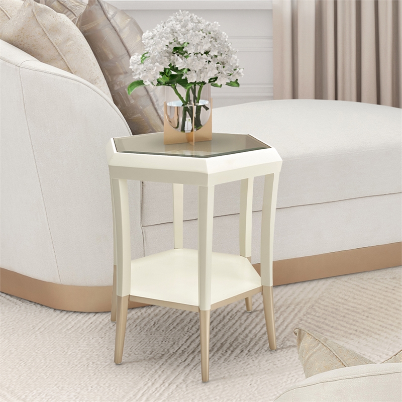 Michael Amini La Rachelle Hexagon Accent Table with Glass Top - Champagne Ivory