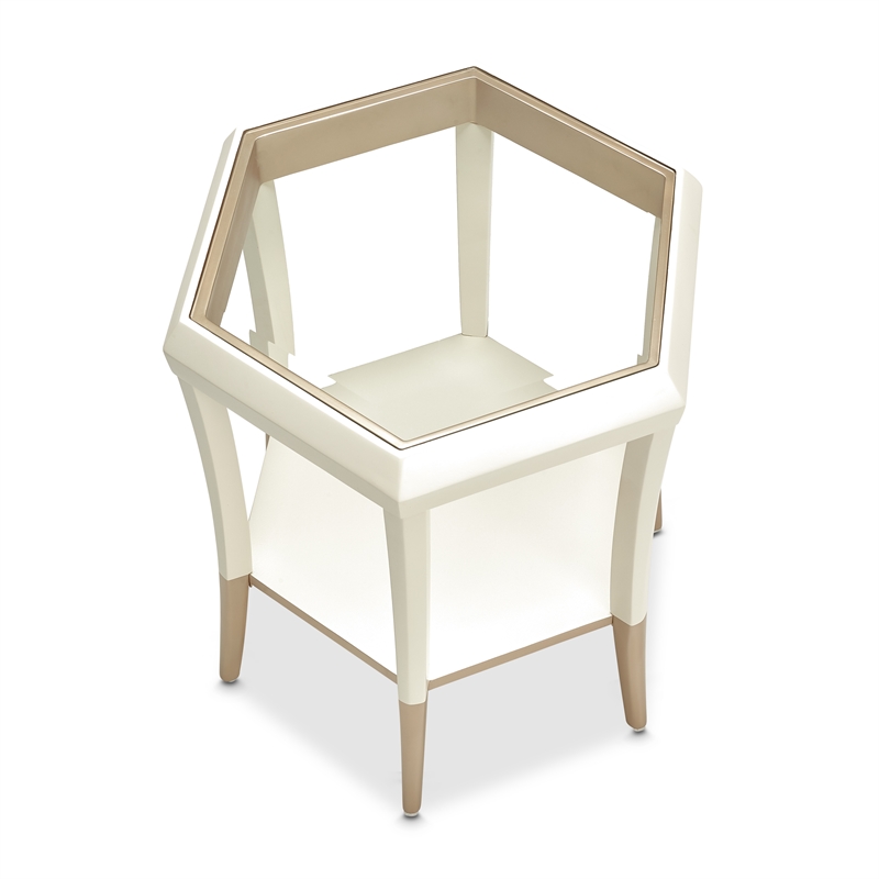 Michael Amini La Rachelle Hexagon Accent Table with Glass Top - Champagne Ivory