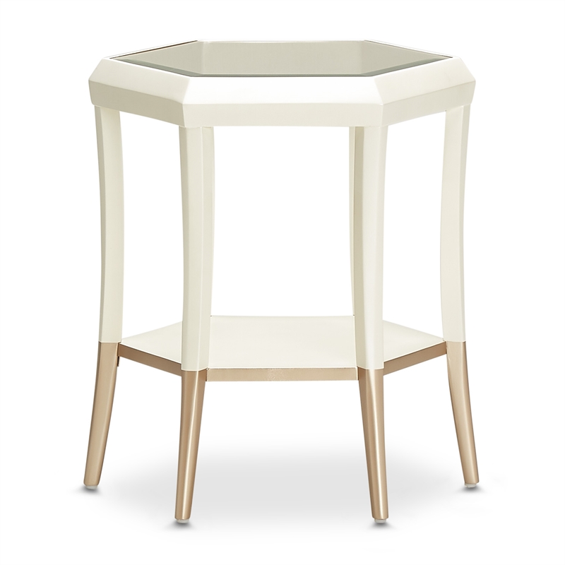 Michael Amini La Rachelle Hexagon Accent Table with Glass Top - Champagne Ivory