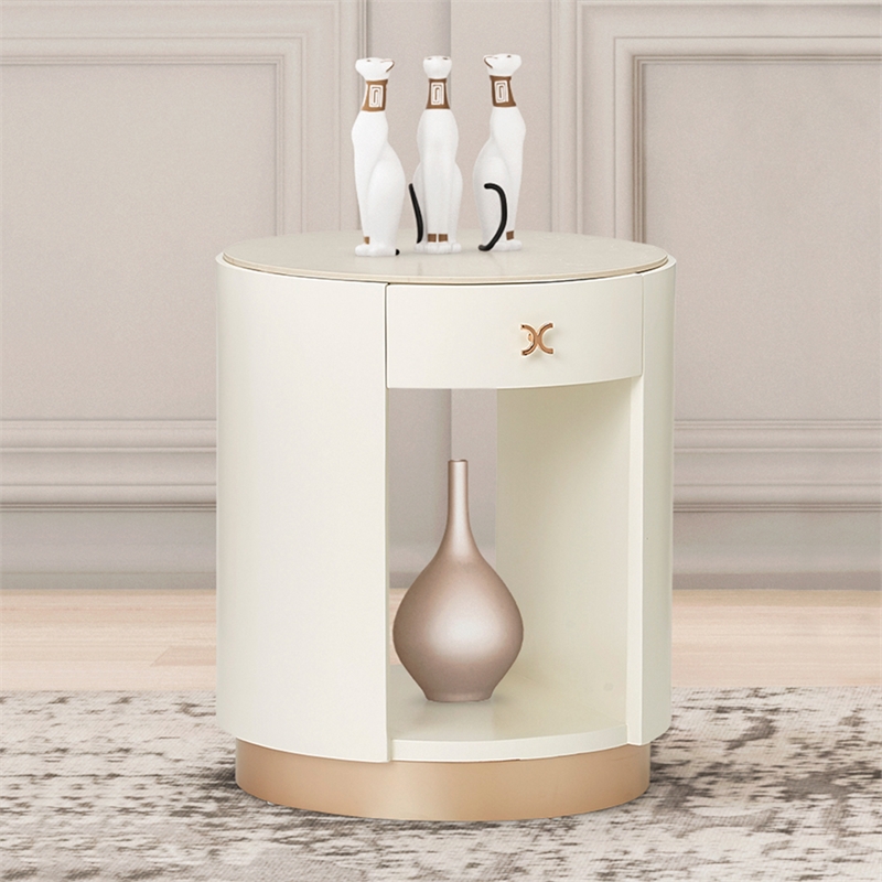 Michael Amini La Rachelle Round End Table with Marble Top - Champagne Ivory