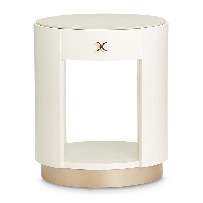 Michael Amini La Rachelle Round End Table with Marble Top - Champagne Ivory
