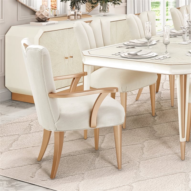 Michael Amini La Rachelle Dining Arm Chair in Champagne Ivory Jacquard Set of 2