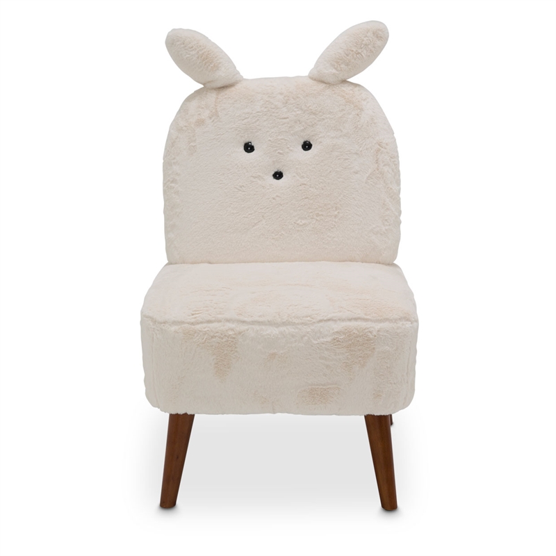 Michael Amini Faux Fur Bunny Accent Chair in Ivory and Capri Wood