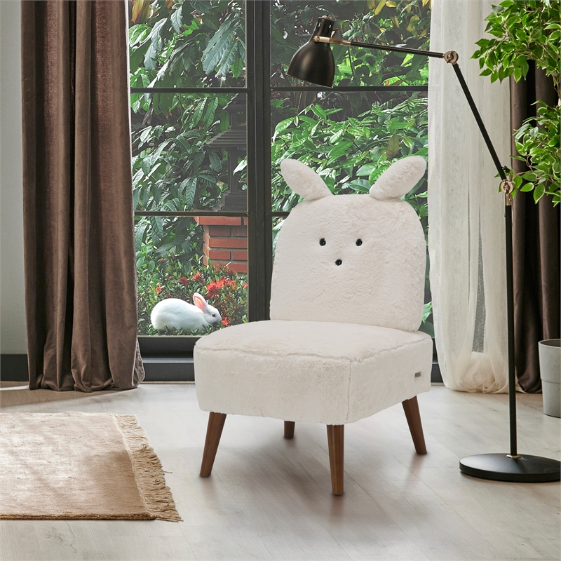 Michael Amini Faux Fur Bunny Accent Chair in Ivory and Capri Wood
