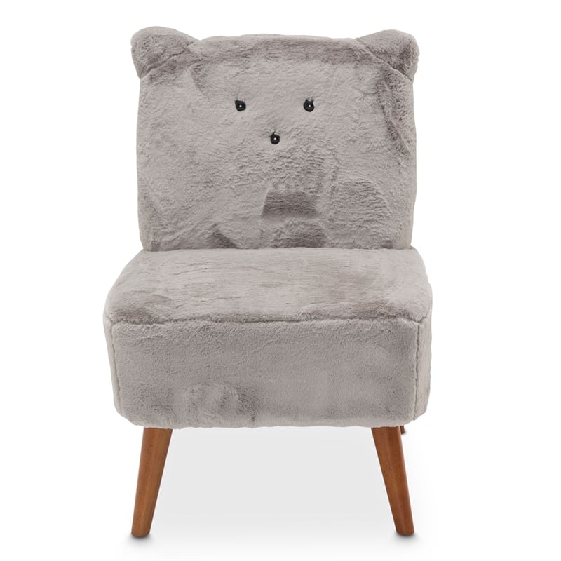 Michael Amini Faux Fur Kitten Accent Chair in Gray and Capri Wood