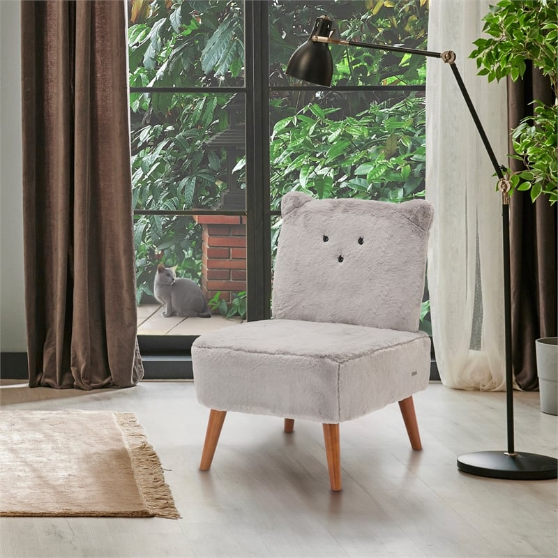 Michael Amini Faux Fur Kitten Accent Chair in Gray and Capri Wood