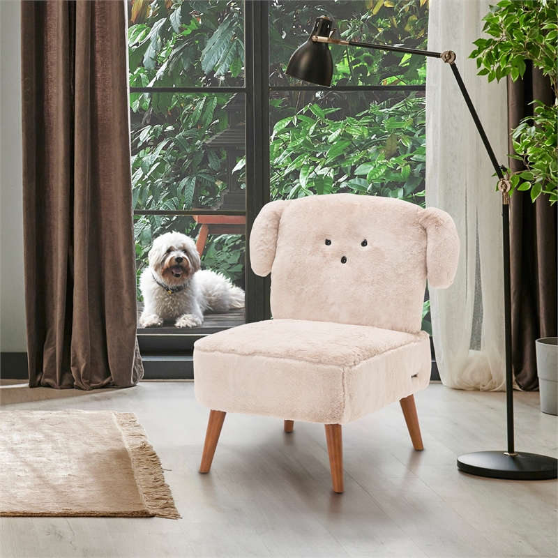 Michael Amini Faux Fur Puppy Accent Chair in Stone Natural and Capri Wood