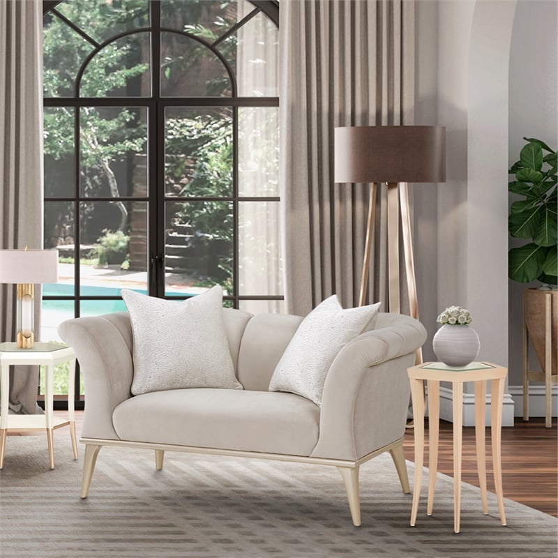Michael Amini Yvette Chair and a Half in Porcini Velvet and Champagne Wood Frame