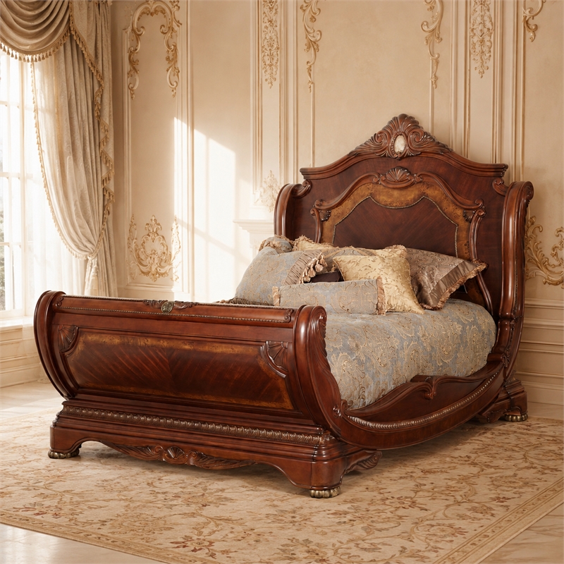 Cortina Cal. King Traditional Wood Sleigh Bed - Honey Walnut