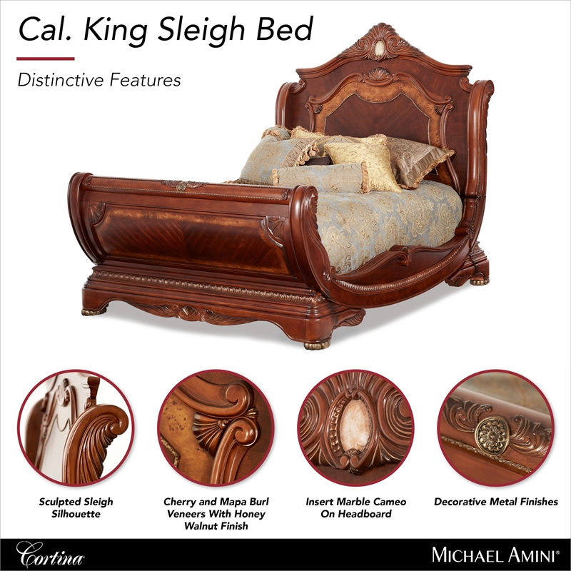 Cortina Cal. King Traditional Wood Sleigh Bed - Honey Walnut