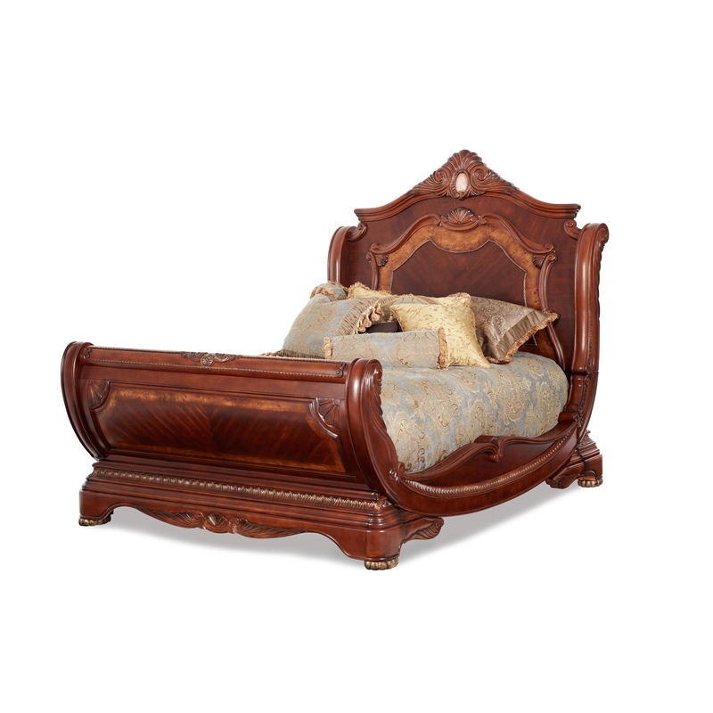 Michael Amini Cortina Eastern King Wood Sleigh Bed in Honey Walnut