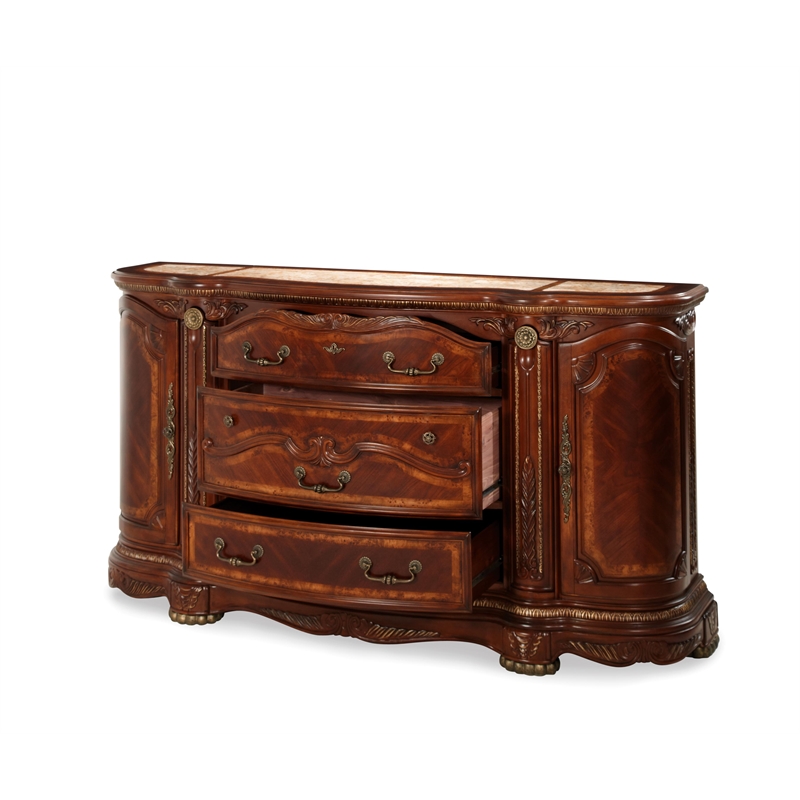 Michael Amini Cortina Wood Dresser and Mirror Set in Honey Walnut