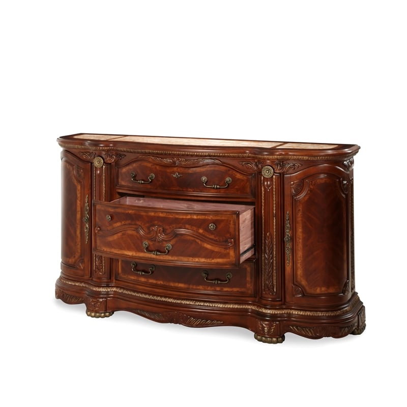Michael Amini Cortina Wood Dresser and Mirror Set in Honey Walnut