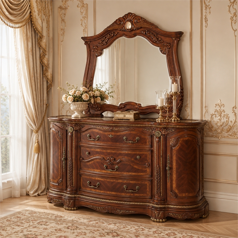 Cortina Traditional Wood Dresser with Mirror in Honey Walnut