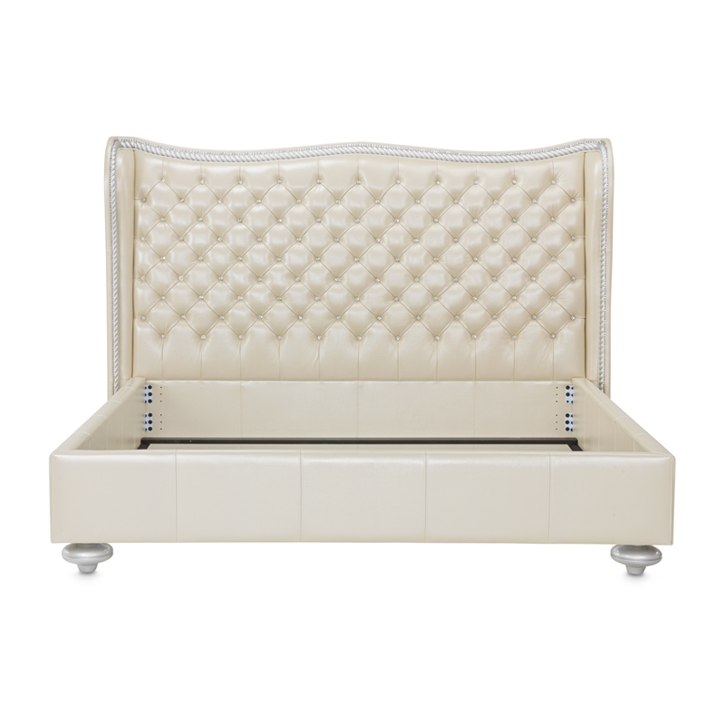 Michael Amini Hollywood Swank Eastern King Tufted Leather Bed - Creamy Pearl