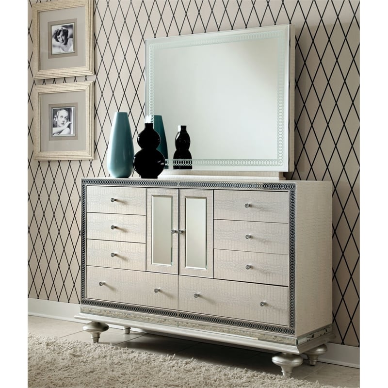 Michael Amini Hollywood Swank Upholstered Dresser with Mirror - Crystal Croc