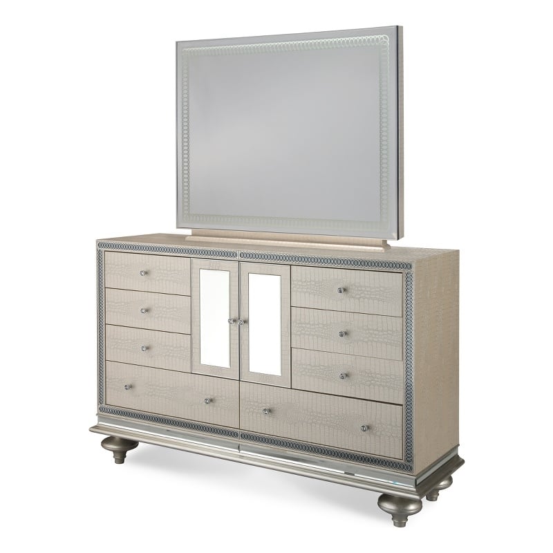 Michael Amini Hollywood Swank Upholstered Dresser with Mirror - Crystal Croc
