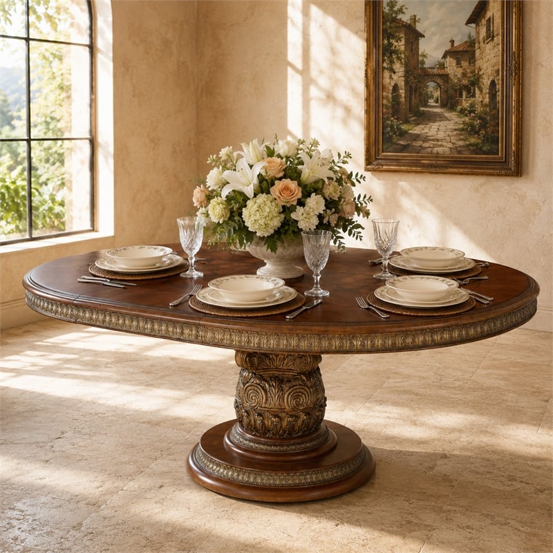 Michael Amini Villa Valencia Round Wood Dining Table - Classic Chestnut