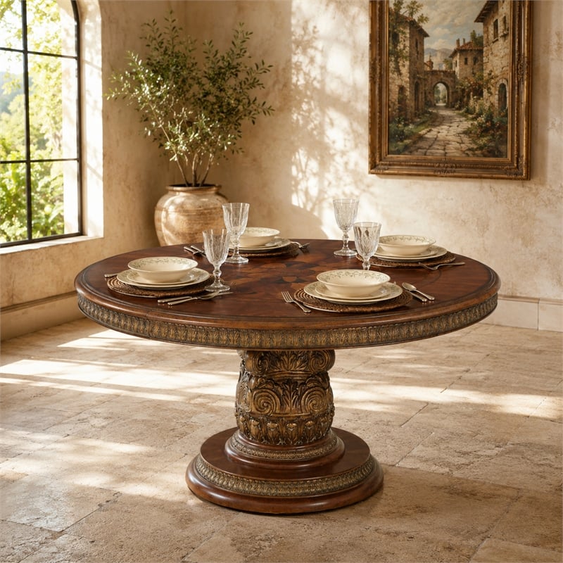 Michael Amini Villa Valencia Round Wood Dining Table - Classic Chestnut