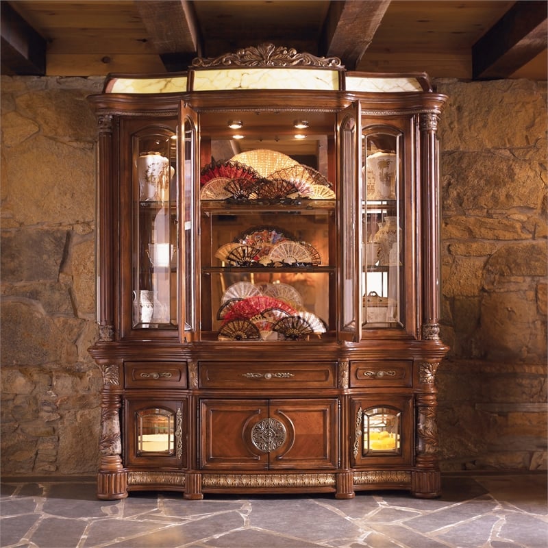 Michael Amini Villa Valencia China Buffet with Lighted Top - Classic Chestnut