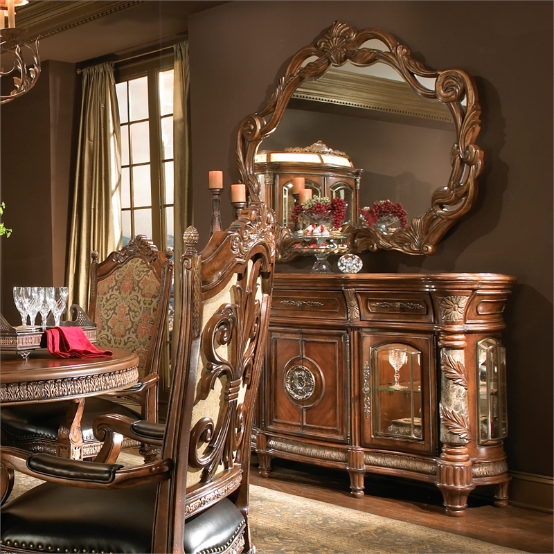 Michael Amini Villa Valencia Wood Sideboard with Mirror Set - Classic Chestnut