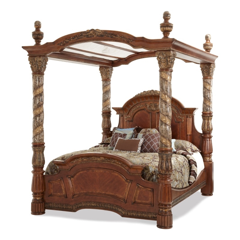 Michael Amini Villa Valencia Cal. King Wood Canopy Bed - Classic Chestnut