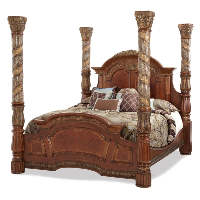 Michael Amini Villa Valencia Eastern King Wood Canopy Bed - Classic Chestnut