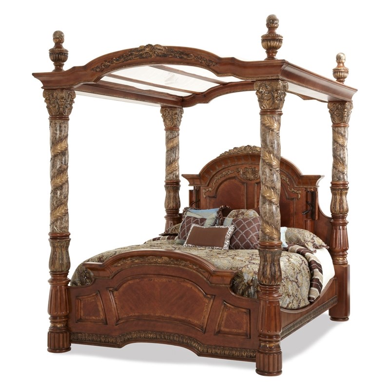 Michael Amini Villa Valencia Eastern King Wood Canopy Bed - Classic Chestnut