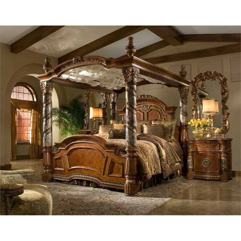 Michael Amini Villa Valencia Eastern King Wood Canopy Bed - Classic Chestnut