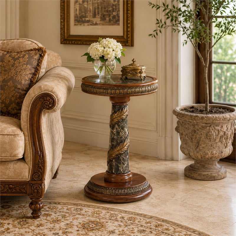 Michael Amini Villa Valencia Wood Chair Side Table - Classic Chestnut