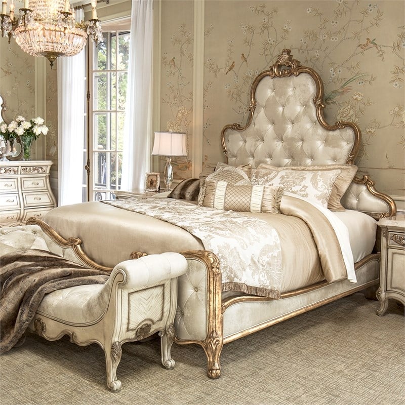 Michael Amini Platine de Royale Eastern King Velvet Panel Bed - Champagne Ivory