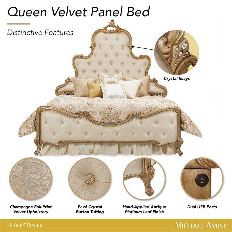 Platine de Royale Queen Velvet Panel Bed - Champagne Ivory