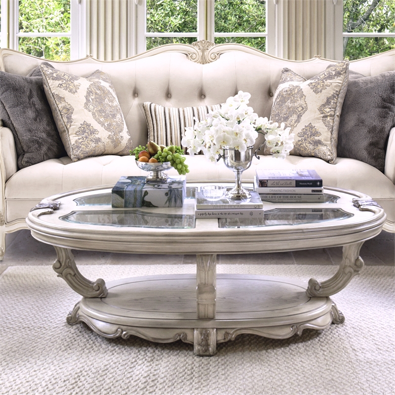 Michael Amini Platine de Royale Wood Oval Cocktail Table - Champagne Ivory