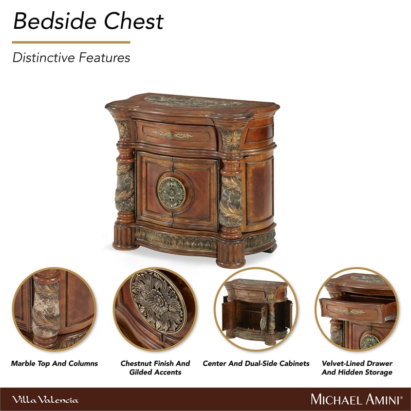 michael amini villa valencia wood bedside chest - classic chestnut