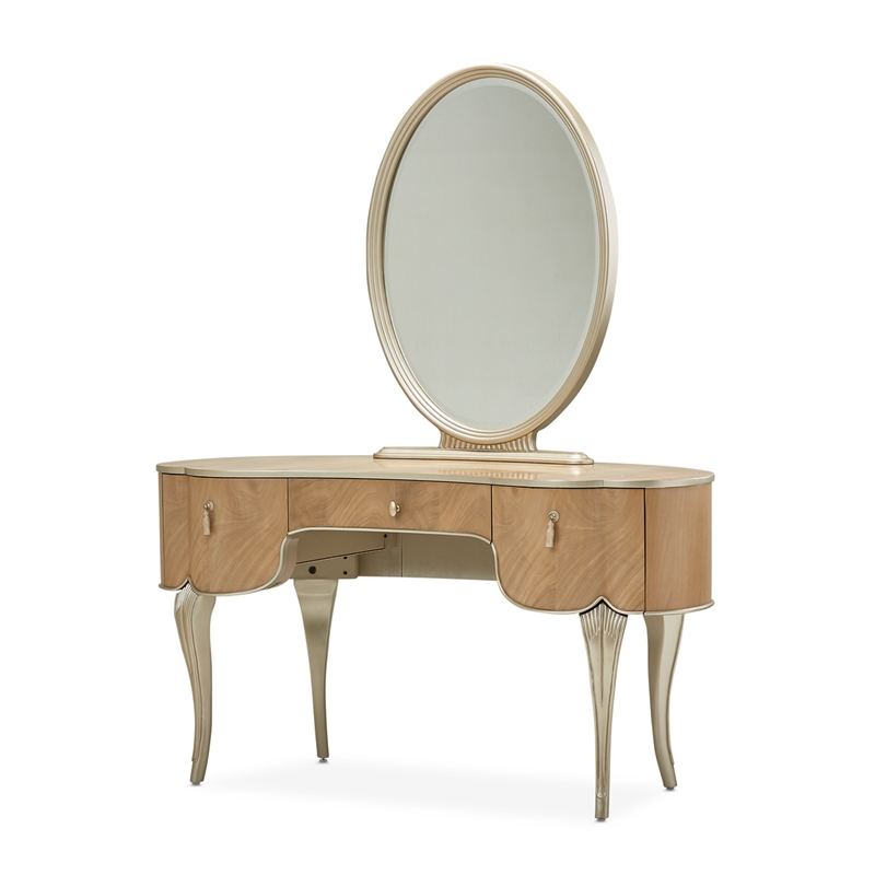 Michael Amini Villa Cherie Vanity Set with Mirror & Chair - Caramel