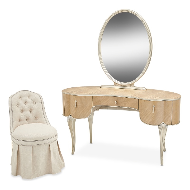 Michael Amini Villa Cherie Vanity Set with Mirror & Chair - Caramel