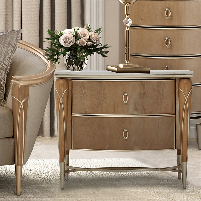 Michael Amini Villa Cherie Wood & Marble Nightstand - Caramel