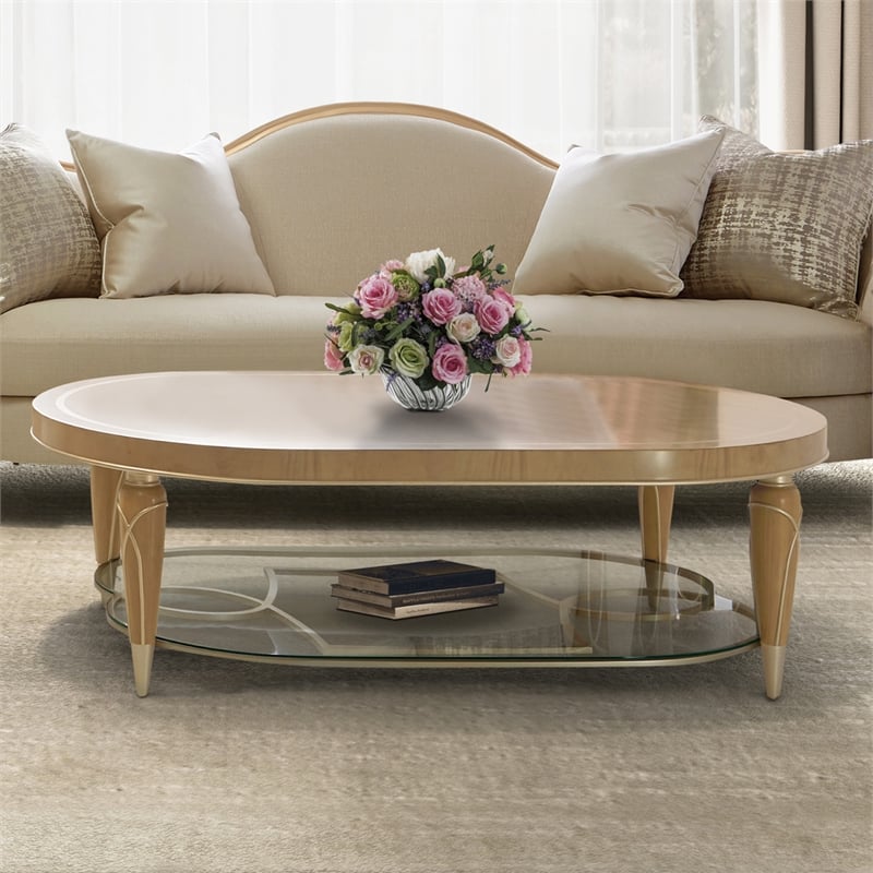 Michael Amini Villa Cherie Wood Oval Cocktail Table - Caramel