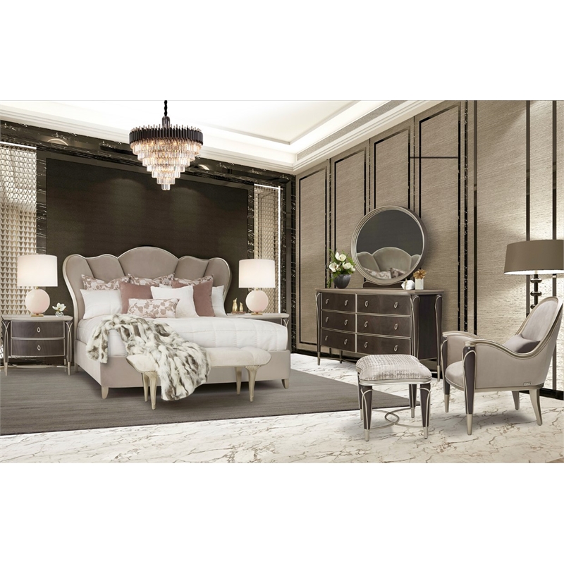 Michael Amini Villa Cherie Jacquard Fabric Ottoman in Bisque/Hazelnut Brown